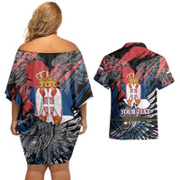 Serbia Couples Matching Off Shoulder Short Dress and Hawaiian Shirt Wings of the Nation Crown of Heritage