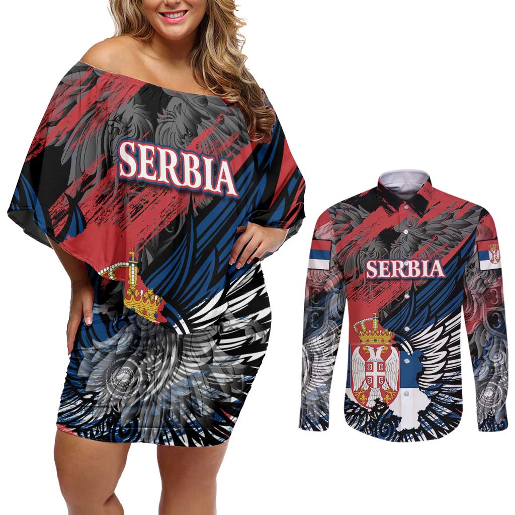 Serbia Couples Matching Off Shoulder Short Dress and Long Sleeve Button Shirt Wings of the Nation Crown of Heritage