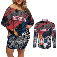 Serbia Couples Matching Off Shoulder Short Dress and Long Sleeve Button Shirt Wings of the Nation Crown of Heritage