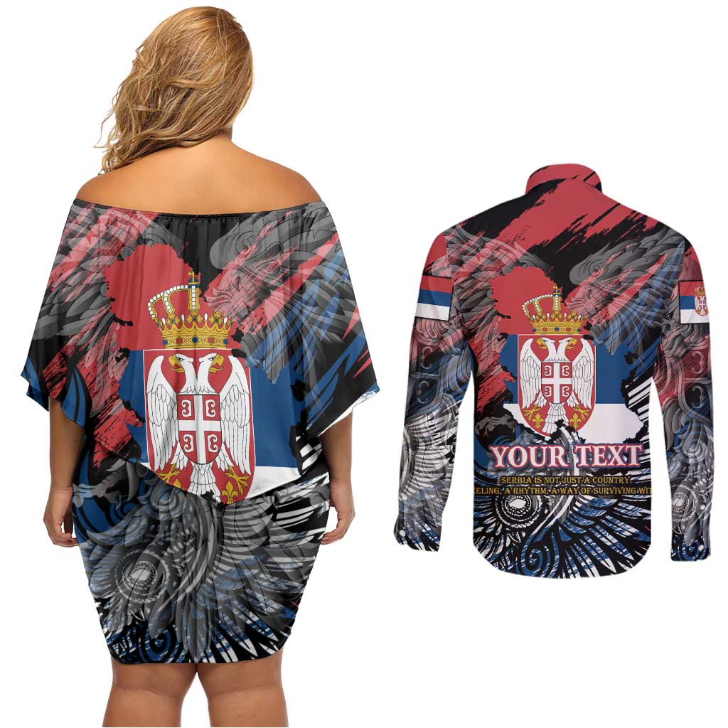 Serbia Couples Matching Off Shoulder Short Dress and Long Sleeve Button Shirt Wings of the Nation Crown of Heritage