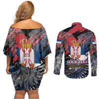 Serbia Couples Matching Off Shoulder Short Dress and Long Sleeve Button Shirt Wings of the Nation Crown of Heritage
