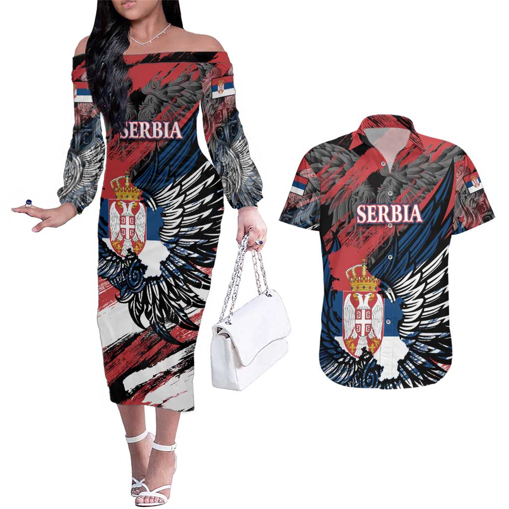 Serbia Couples Matching Off The Shoulder Long Sleeve Dress and Hawaiian Shirt Wings of the Nation Crown of Heritage
