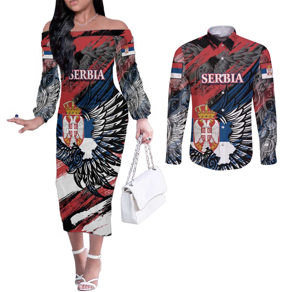 Serbia Couples Matching Off The Shoulder Long Sleeve Dress and Long Sleeve Button Shirt Wings of the Nation Crown of Heritage