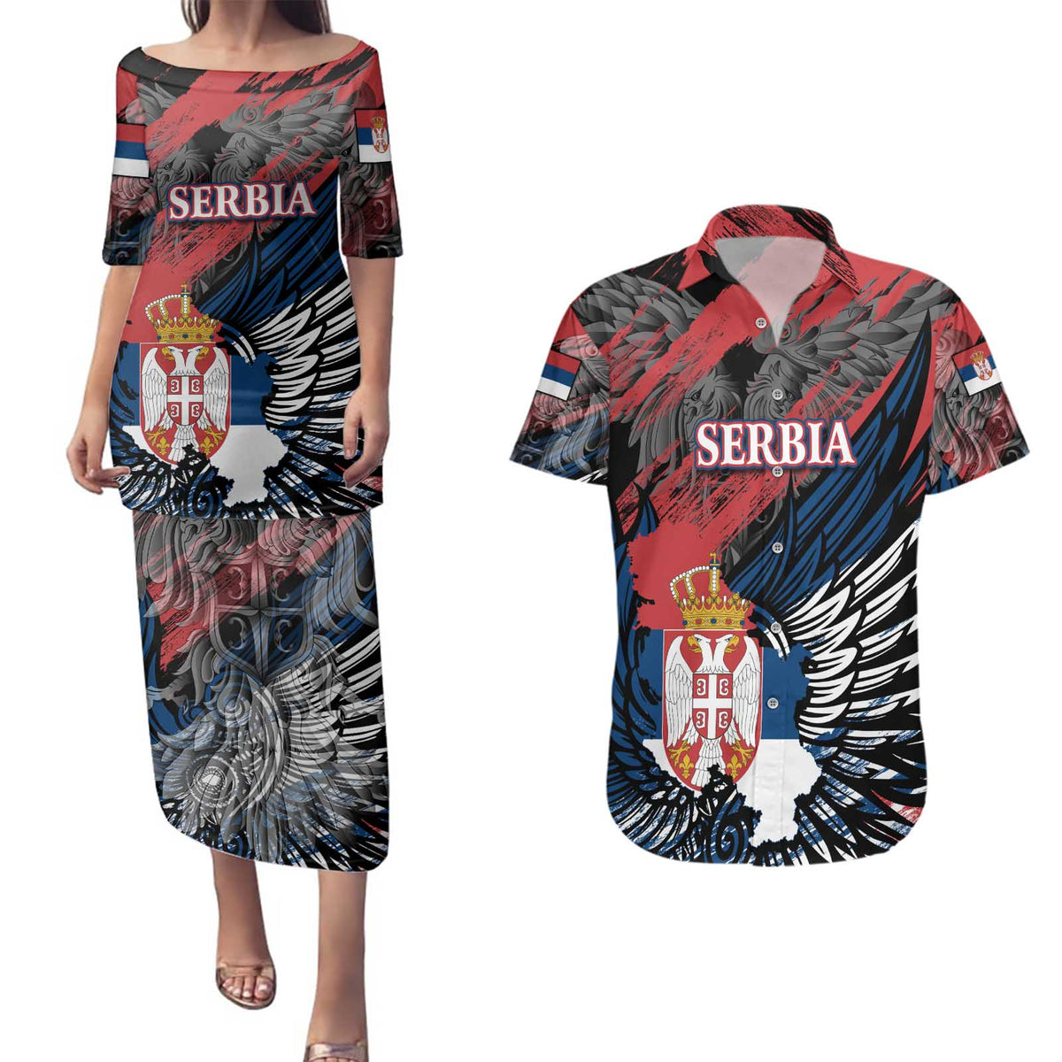 Serbia Couples Matching Puletasi and Hawaiian Shirt Wings of the Nation Crown of Heritage