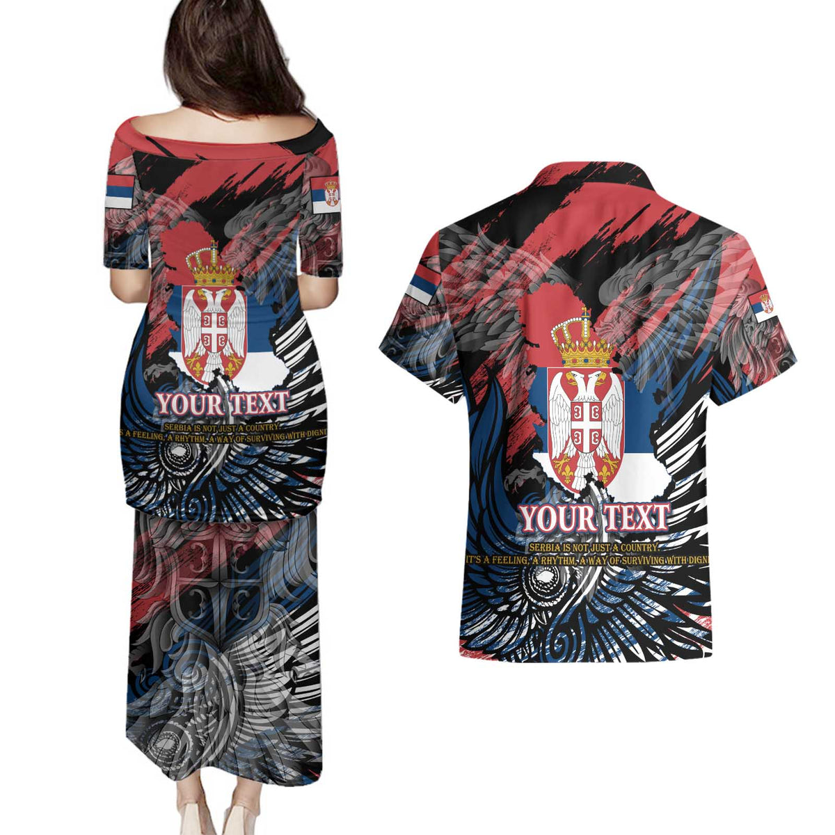Serbia Couples Matching Puletasi and Hawaiian Shirt Wings of the Nation Crown of Heritage