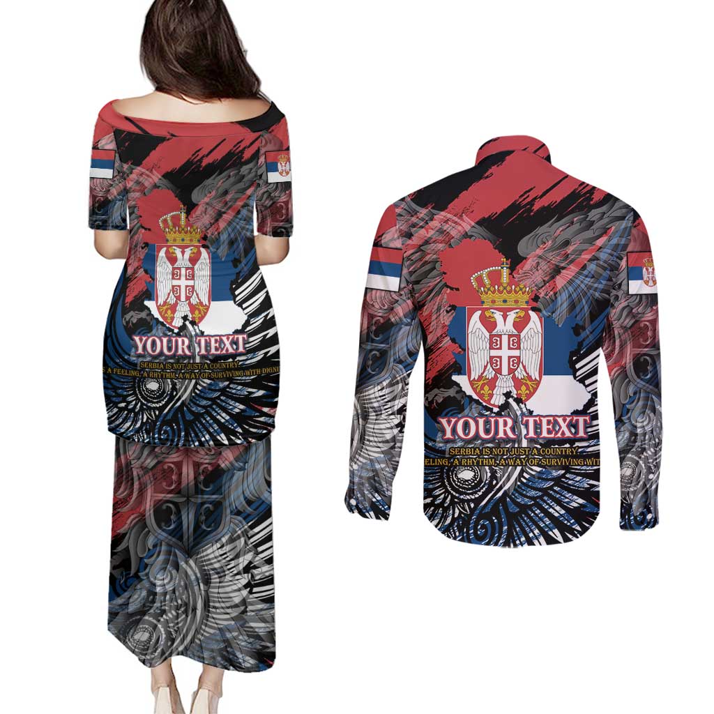 Serbia Couples Matching Puletasi and Long Sleeve Button Shirt Wings of the Nation Crown of Heritage