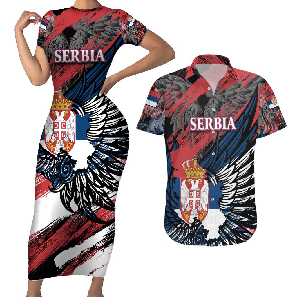 Serbia Couples Matching Short Sleeve Bodycon Dress and Hawaiian Shirt Wings of the Nation Crown of Heritage