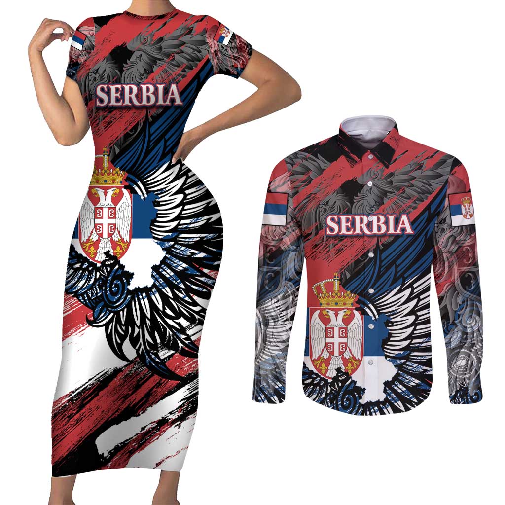 Serbia Couples Matching Short Sleeve Bodycon Dress and Long Sleeve Button Shirt Wings of the Nation Crown of Heritage