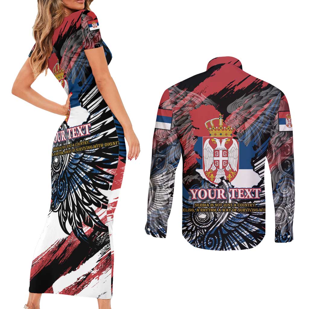 Serbia Couples Matching Short Sleeve Bodycon Dress and Long Sleeve Button Shirt Wings of the Nation Crown of Heritage