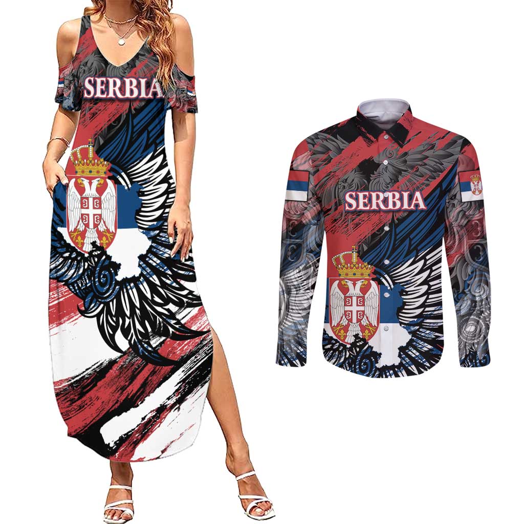 Serbia Couples Matching Summer Maxi Dress and Long Sleeve Button Shirt Wings of the Nation Crown of Heritage