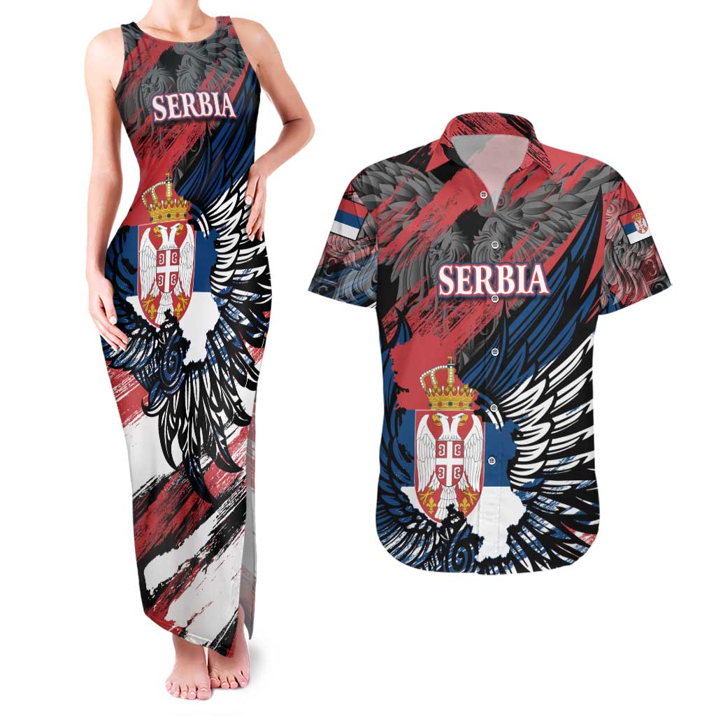Serbia Couples Matching Tank Maxi Dress and Hawaiian Shirt Wings of the Nation Crown of Heritage