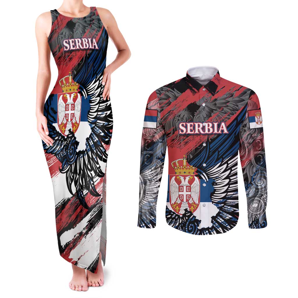 Serbia Couples Matching Tank Maxi Dress and Long Sleeve Button Shirt Wings of the Nation Crown of Heritage