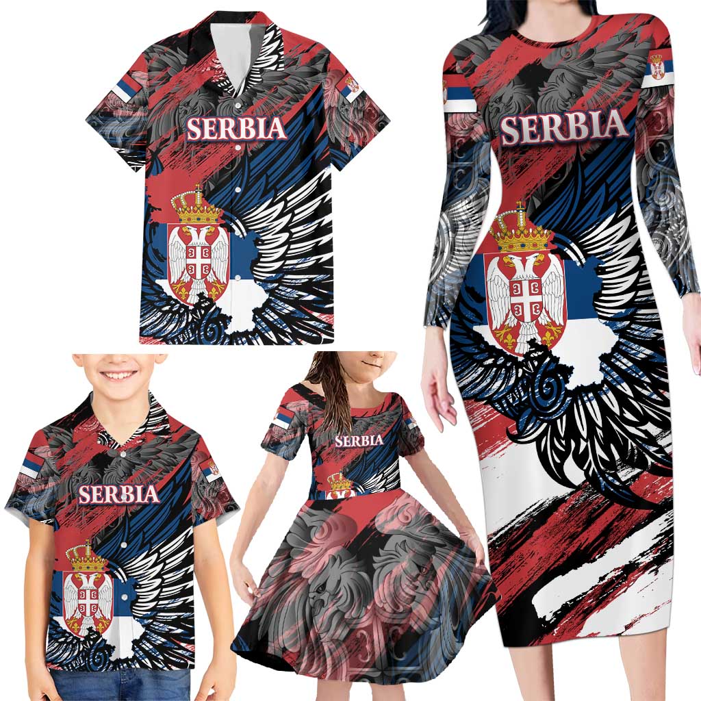 Serbia Family Matching Long Sleeve Bodycon Dress and Hawaiian Shirt Wings of the Nation Crown of Heritage
