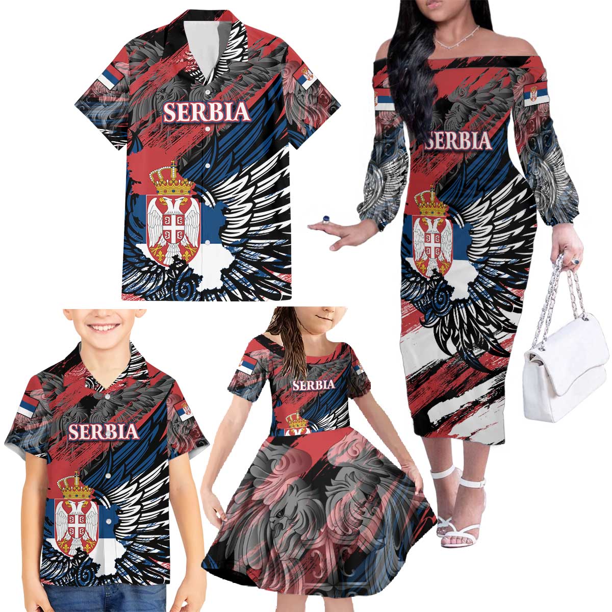 Serbia Family Matching Off The Shoulder Long Sleeve Dress and Hawaiian Shirt Wings of the Nation Crown of Heritage