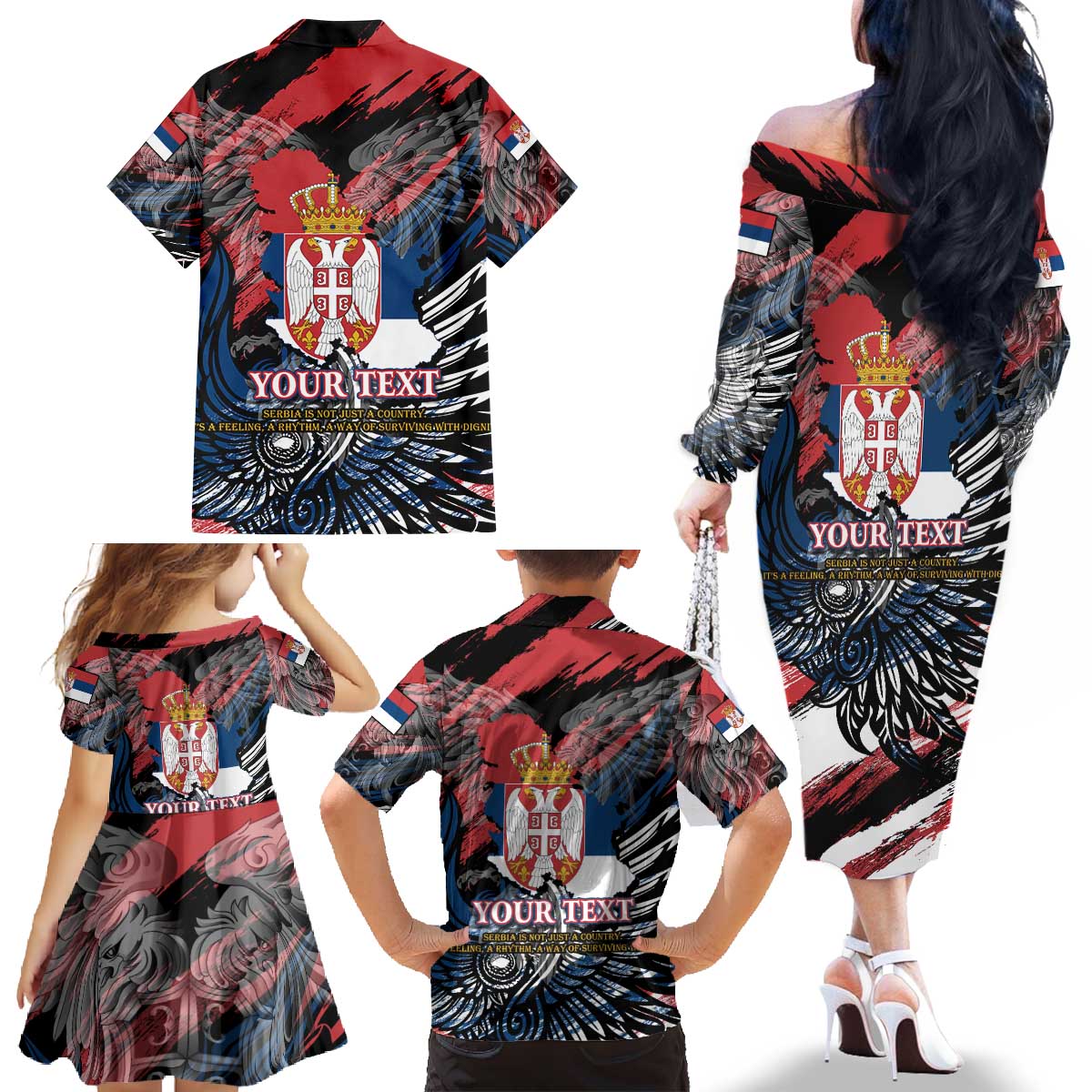 Serbia Family Matching Off The Shoulder Long Sleeve Dress and Hawaiian Shirt Wings of the Nation Crown of Heritage