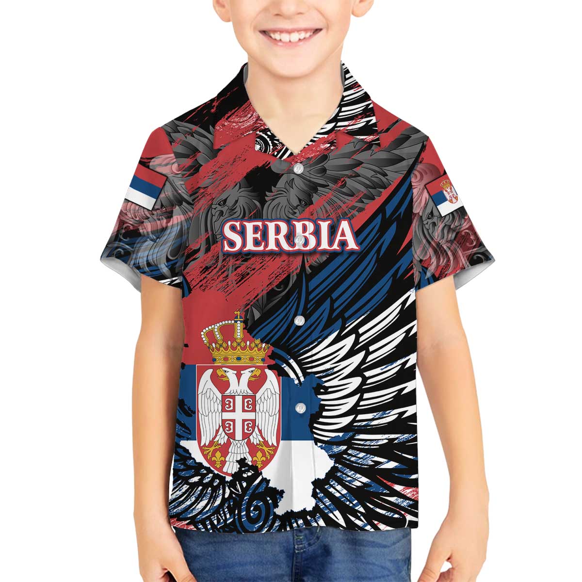 Serbia Family Matching Off The Shoulder Long Sleeve Dress and Hawaiian Shirt Wings of the Nation Crown of Heritage