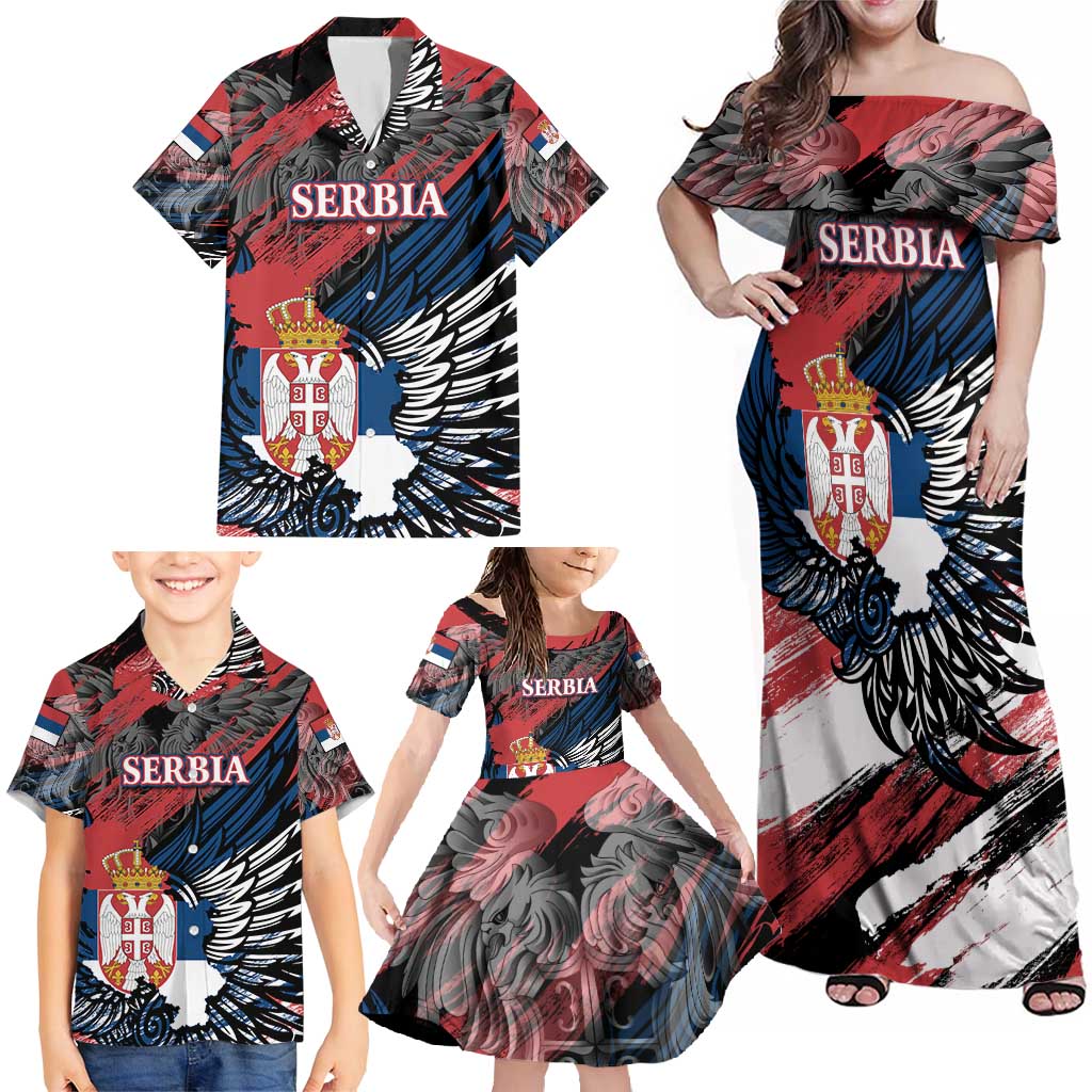 Serbia Family Matching Off Shoulder Maxi Dress and Hawaiian Shirt Wings of the Nation Crown of Heritage