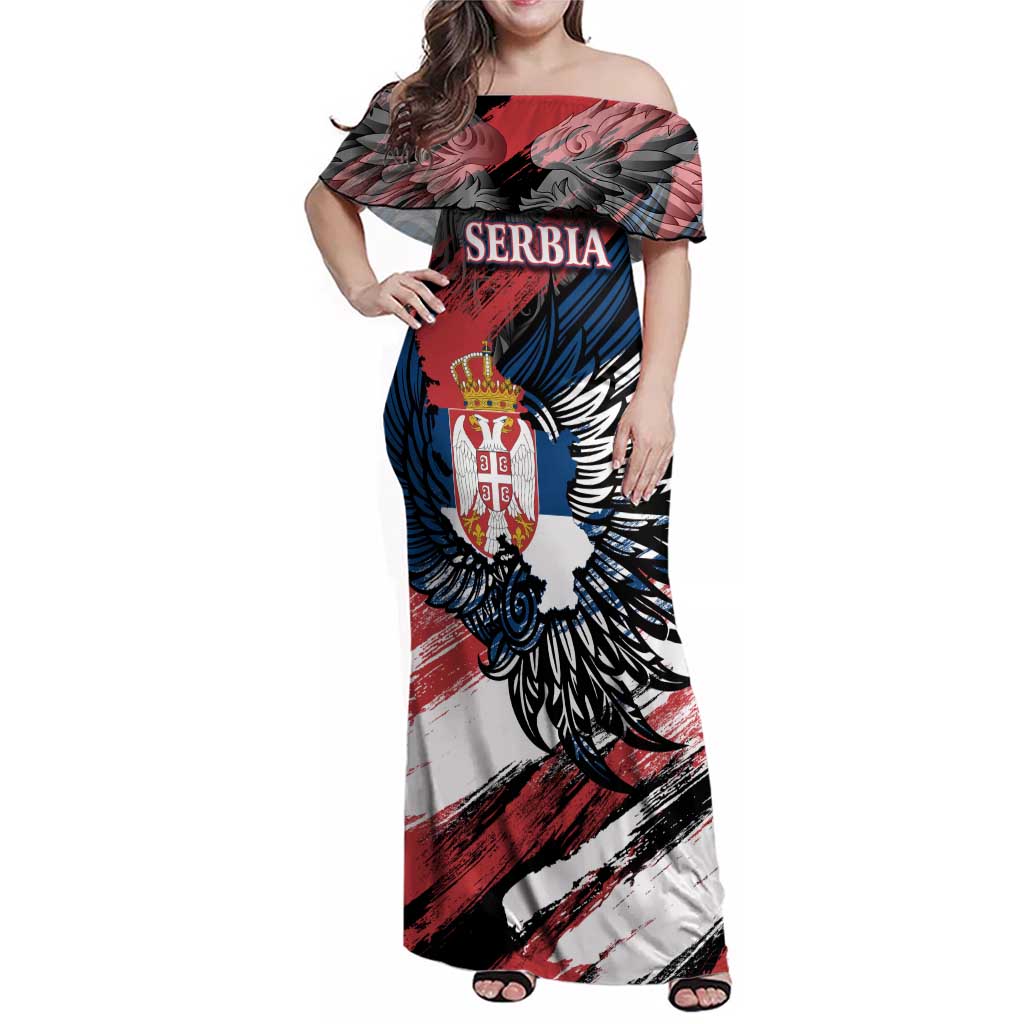 Serbia Family Matching Off Shoulder Maxi Dress and Hawaiian Shirt Wings of the Nation Crown of Heritage
