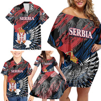 Serbia Family Matching Off Shoulder Short Dress and Hawaiian Shirt Wings of the Nation Crown of Heritage
