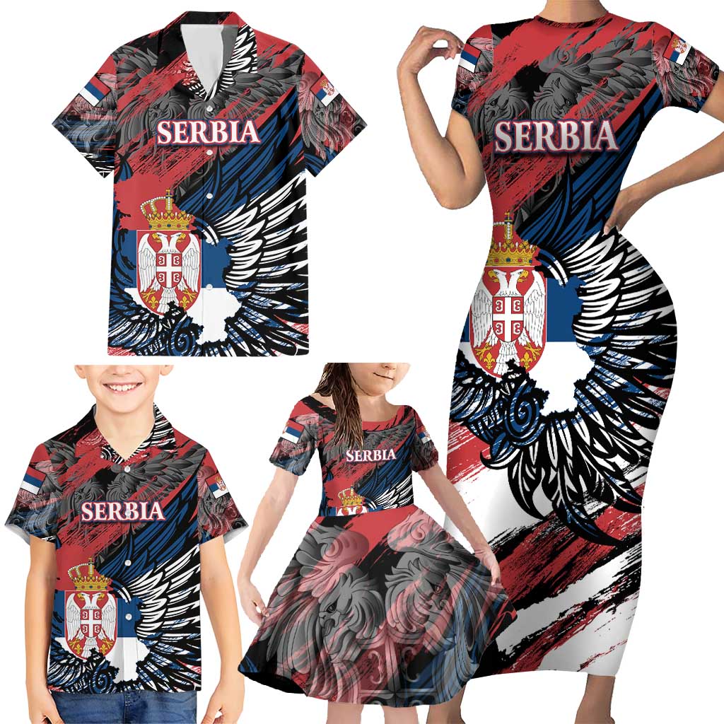 Serbia Family Matching Short Sleeve Bodycon Dress and Hawaiian Shirt Wings of the Nation Crown of Heritage