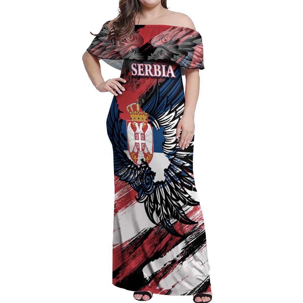 Serbia Off Shoulder Maxi Dress Wings of the Nation Crown of Heritage