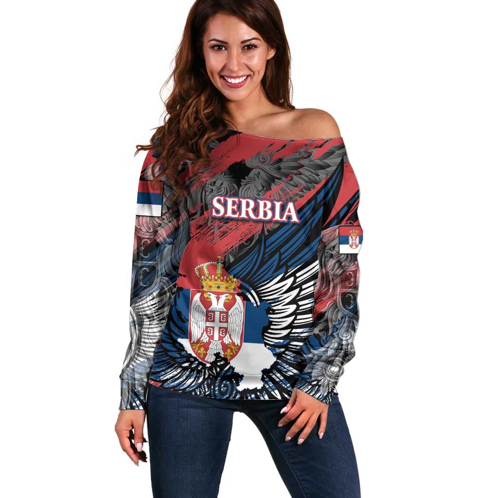 Serbia Off Shoulder Sweater Wings of the Nation Crown of Heritage