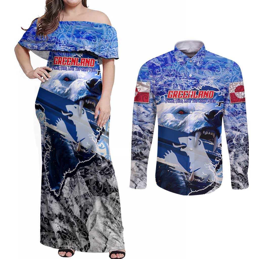 Greenland Couples Matching Off Shoulder Maxi Dress and Long Sleeve Button Shirt Polar Bear Power You Snow Much