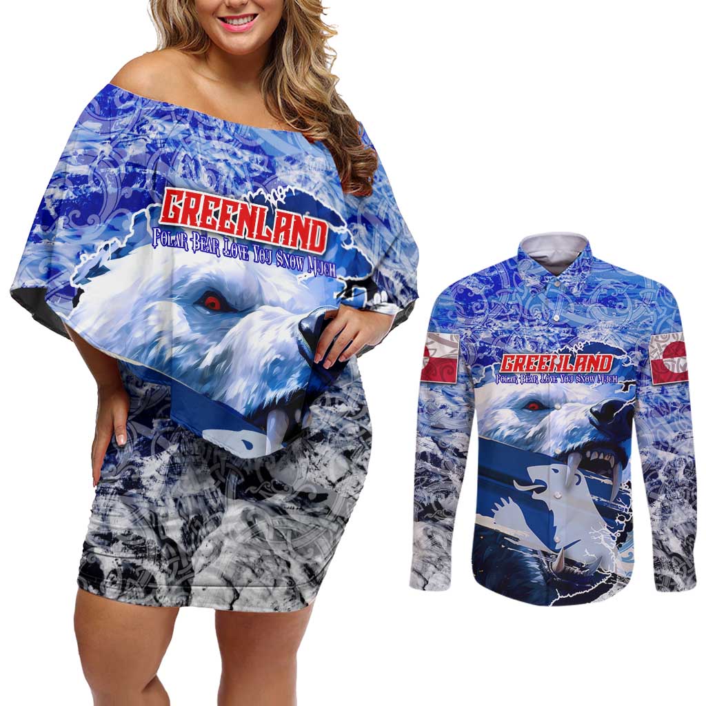 Greenland Couples Matching Off Shoulder Short Dress and Long Sleeve Button Shirt Polar Bear Power You Snow Much