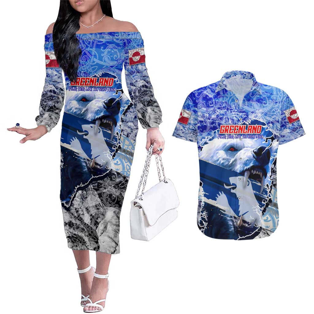 Greenland Couples Matching Off The Shoulder Long Sleeve Dress and Hawaiian Shirt Polar Bear Power You Snow Much