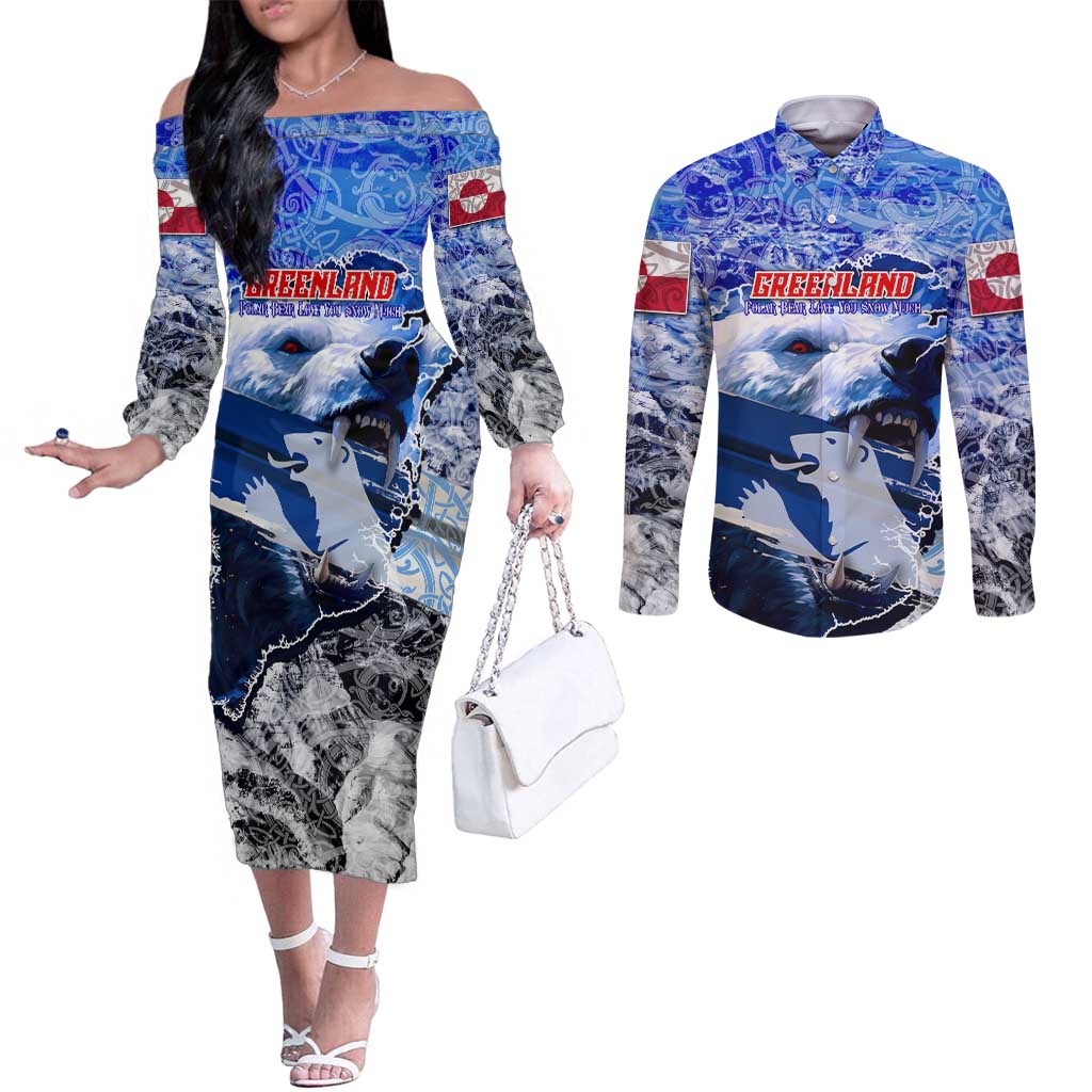Greenland Couples Matching Off The Shoulder Long Sleeve Dress and Long Sleeve Button Shirt Polar Bear Power You Snow Much