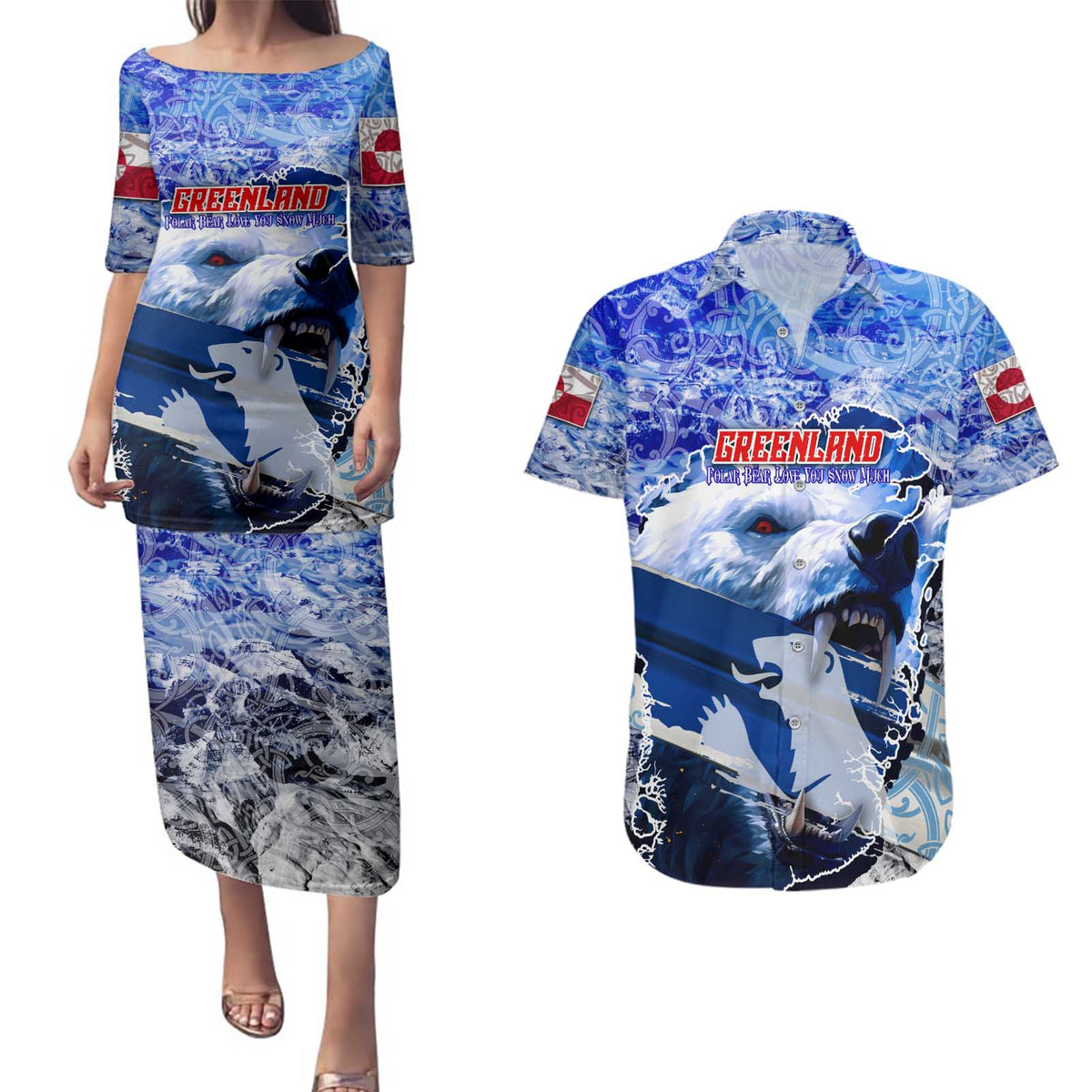 Greenland Couples Matching Puletasi and Hawaiian Shirt Polar Bear Power You Snow Much