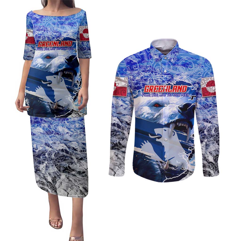 Greenland Couples Matching Puletasi and Long Sleeve Button Shirt Polar Bear Power You Snow Much