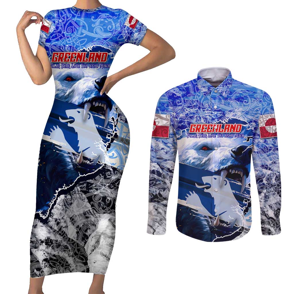 Greenland Couples Matching Short Sleeve Bodycon Dress and Long Sleeve Button Shirt Polar Bear Power You Snow Much