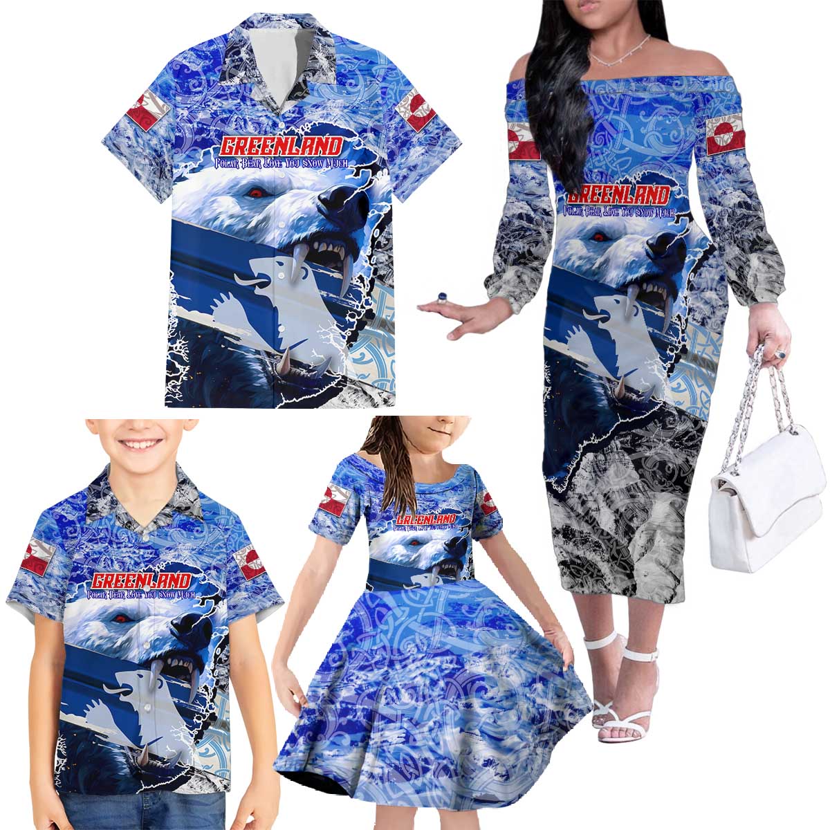 Greenland Family Matching Off The Shoulder Long Sleeve Dress and Hawaiian Shirt Polar Bear Power You Snow Much