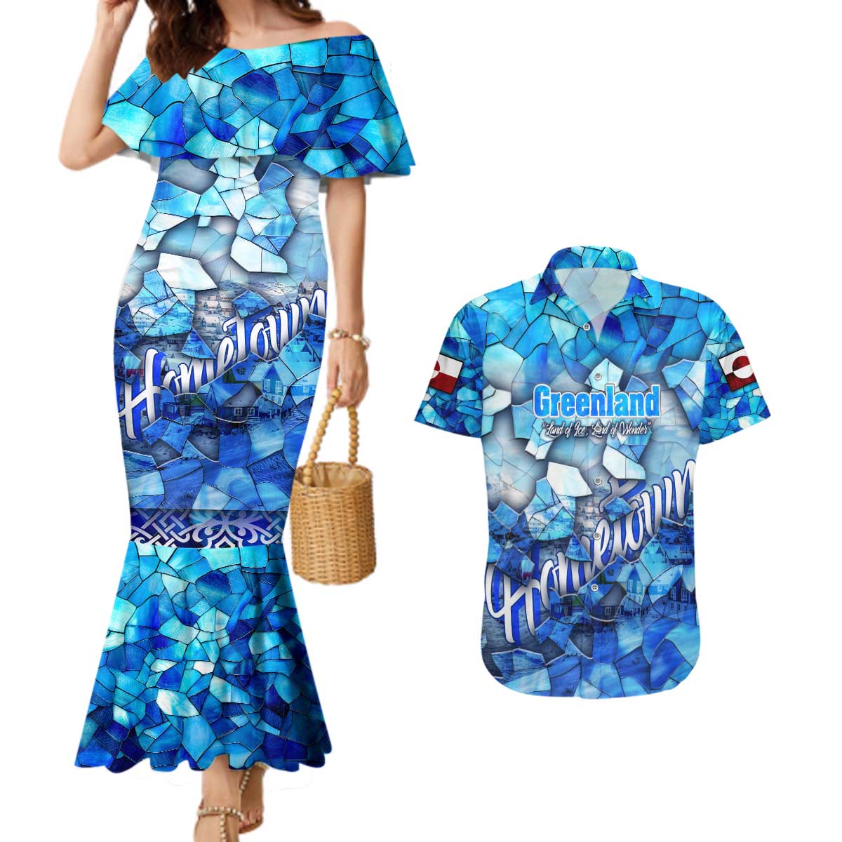 Greenland Hometown Couples Matching Mermaid Dress and Hawaiian Shirt Land of Ice Land of Wonder Land of Heart