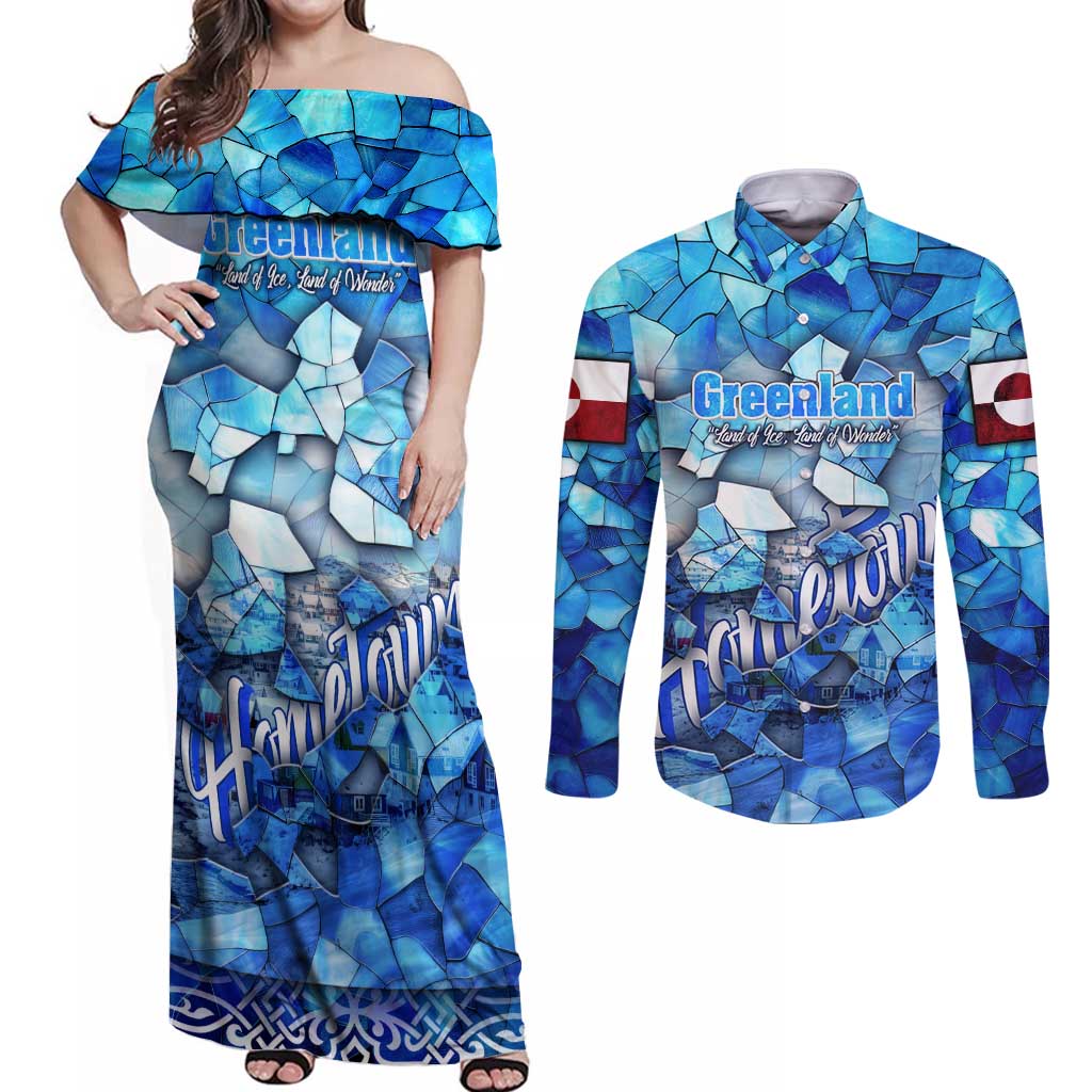 Greenland Hometown Couples Matching Off Shoulder Maxi Dress and Long Sleeve Button Shirt Land of Ice Land of Wonder Land of Heart