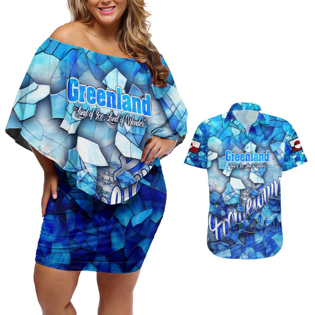 Greenland Hometown Couples Matching Off Shoulder Short Dress and Hawaiian Shirt Land of Ice Land of Wonder Land of Heart