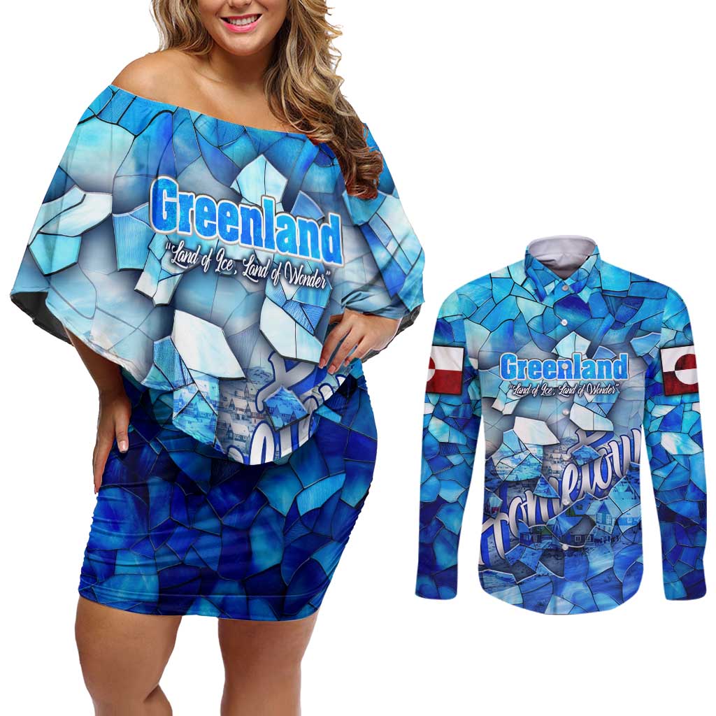 Greenland Hometown Couples Matching Off Shoulder Short Dress and Long Sleeve Button Shirt Land of Ice Land of Wonder Land of Heart