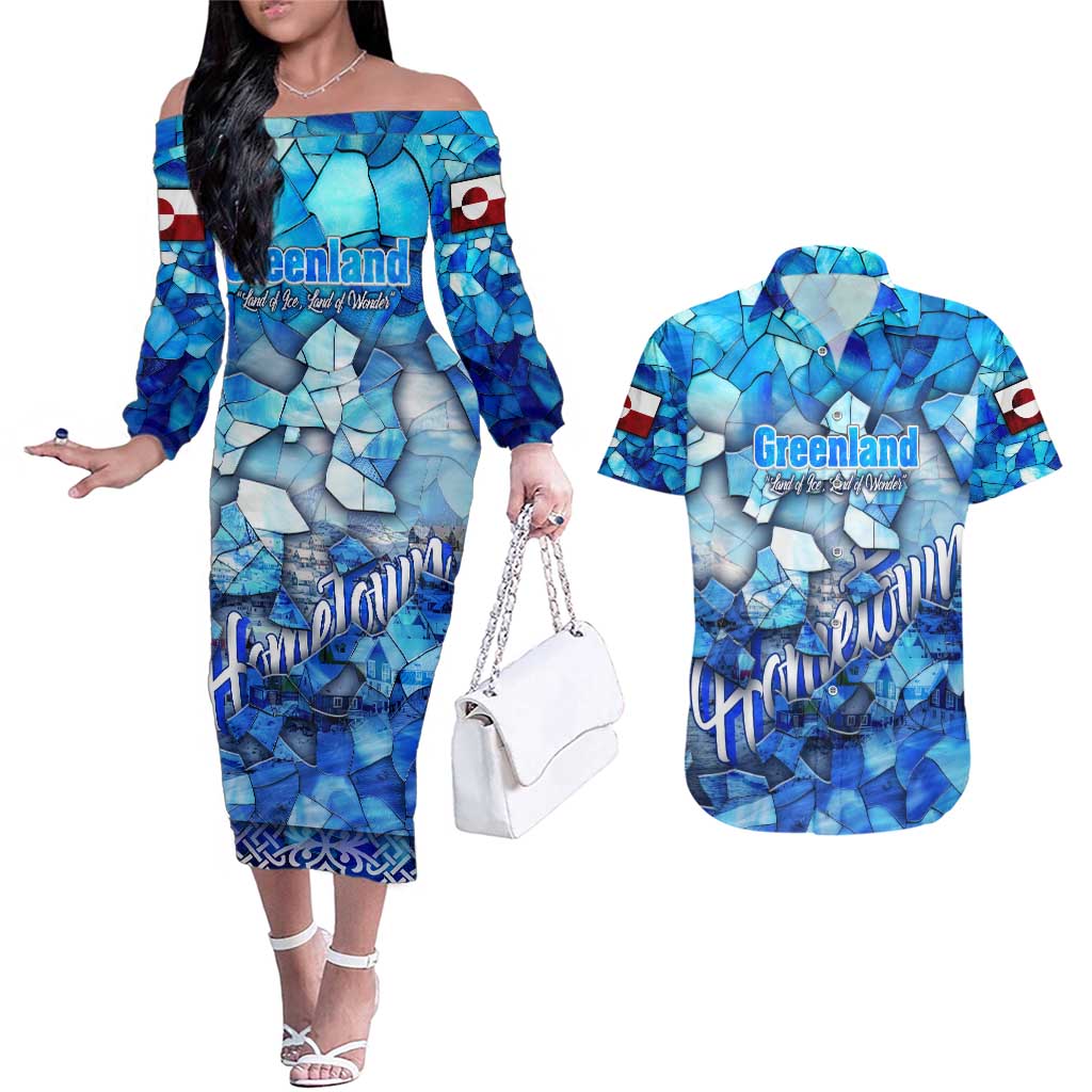 Greenland Hometown Couples Matching Off The Shoulder Long Sleeve Dress and Hawaiian Shirt Land of Ice Land of Wonder Land of Heart