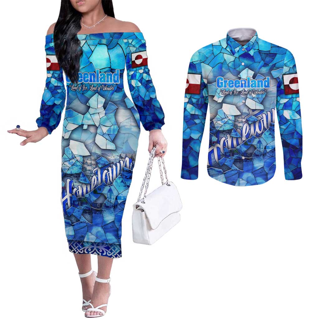 Greenland Hometown Couples Matching Off The Shoulder Long Sleeve Dress and Long Sleeve Button Shirt Land of Ice Land of Wonder Land of Heart