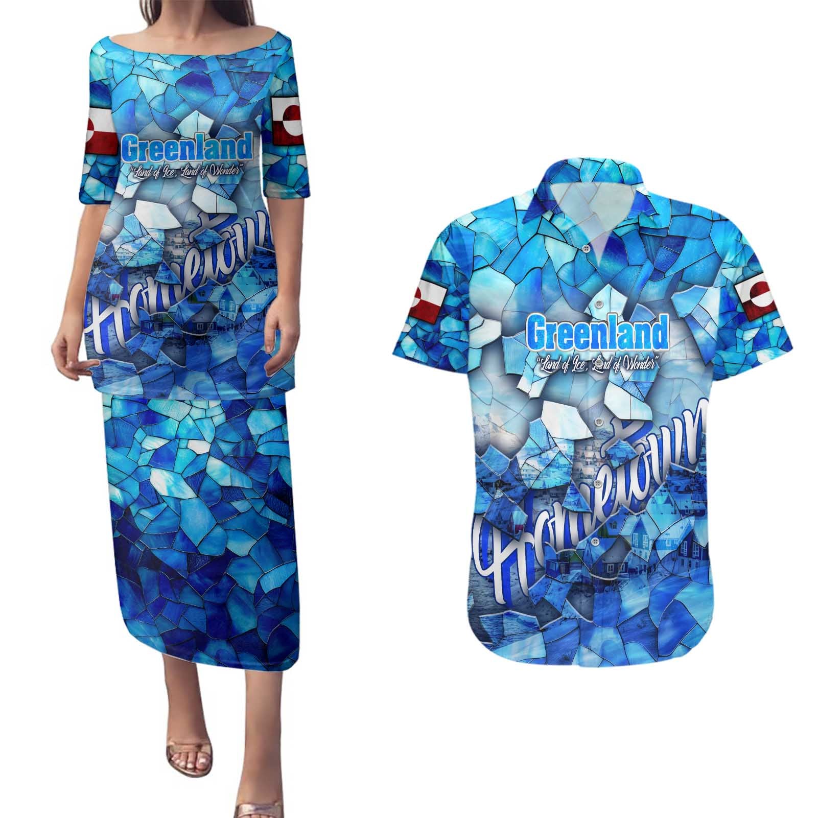 Greenland Hometown Couples Matching Puletasi and Hawaiian Shirt Land of Ice Land of Wonder Land of Heart