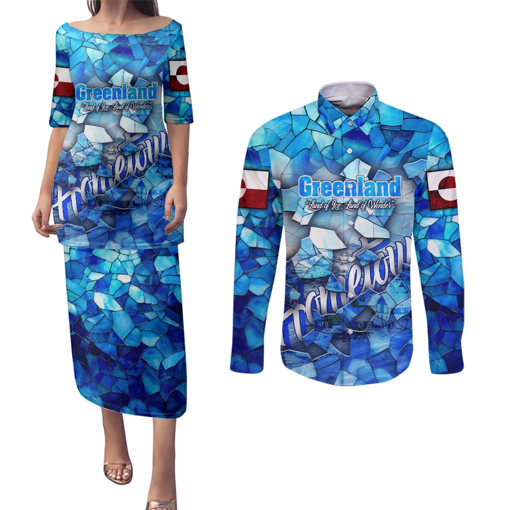 Greenland Hometown Couples Matching Puletasi and Long Sleeve Button Shirt Land of Ice Land of Wonder Land of Heart