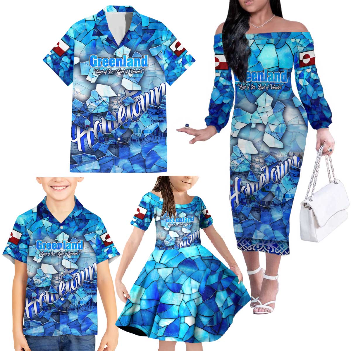 Greenland Hometown Family Matching Off The Shoulder Long Sleeve Dress and Hawaiian Shirt Land of Ice Land of Wonder Land of Heart
