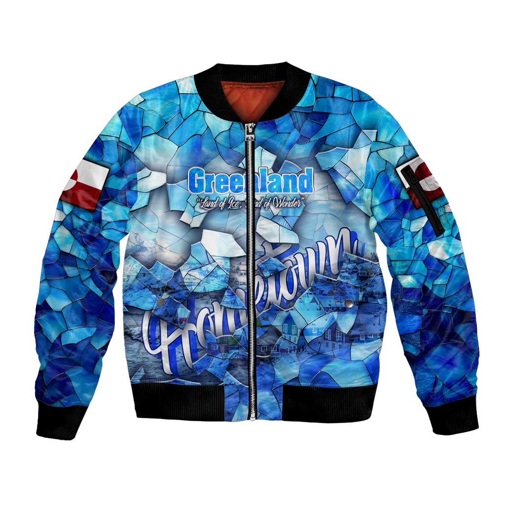 Greenland Hometown Sleeve Zip Bomber Jacket Land of Ice Land of Wonder Land of Heart