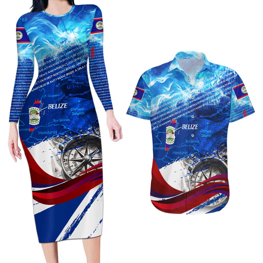 Belize One Flag One Heart Couples Matching Long Sleeve Bodycon Dress and Hawaiian Shirt Caribbean Heartbeat - Where Compass Meets Culture
