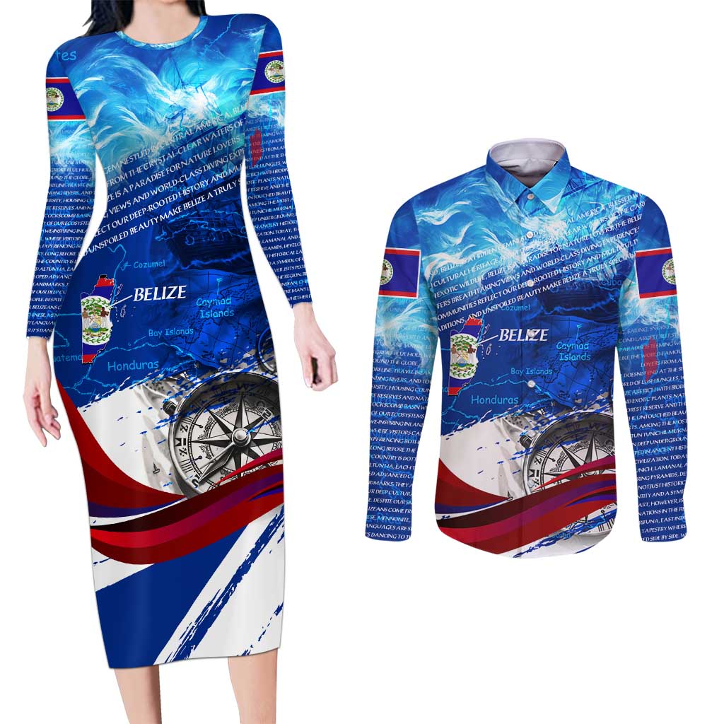 Belize One Flag One Heart Couples Matching Long Sleeve Bodycon Dress and Long Sleeve Button Shirt Caribbean Heartbeat - Where Compass Meets Culture