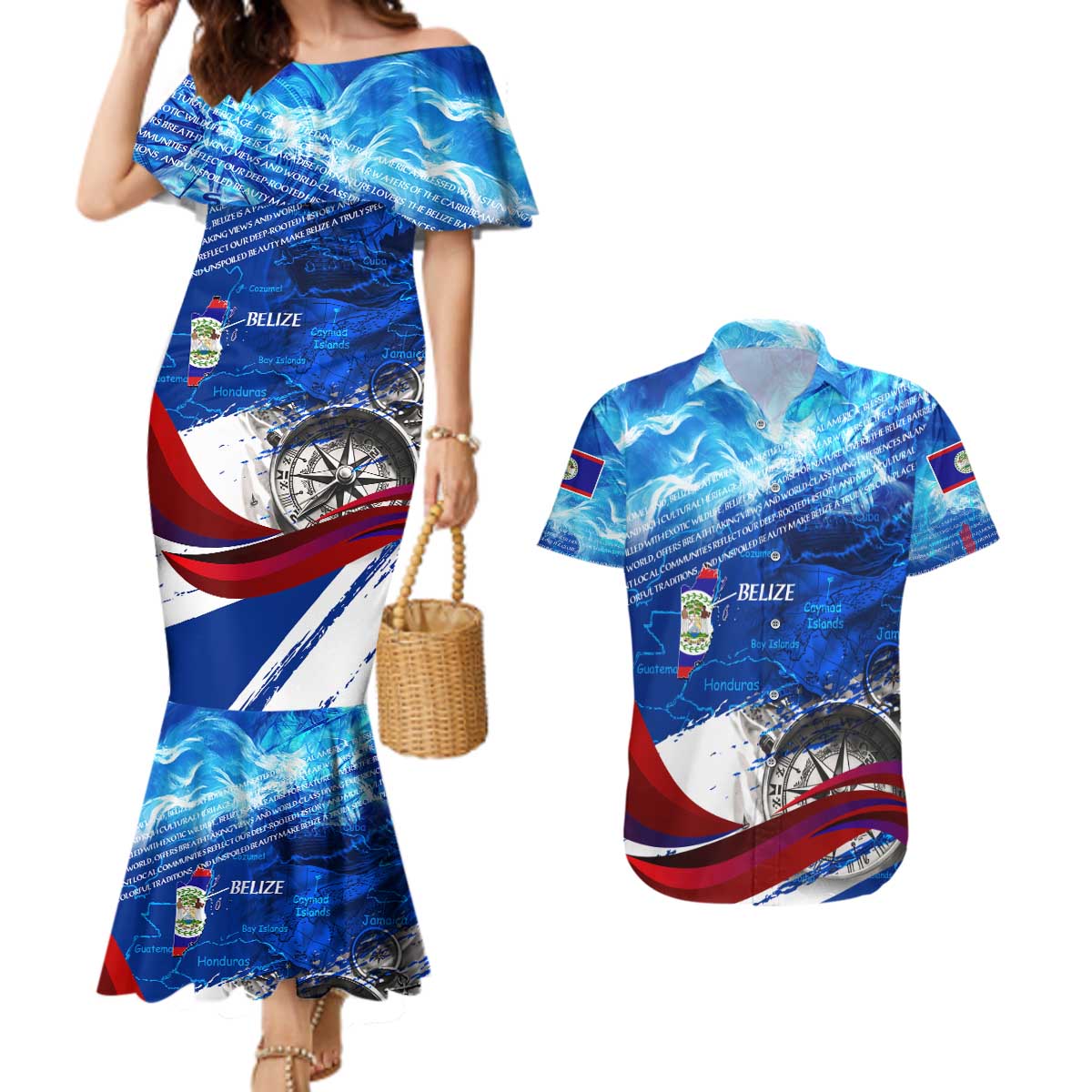 Belize One Flag One Heart Couples Matching Mermaid Dress and Hawaiian Shirt Caribbean Heartbeat - Where Compass Meets Culture