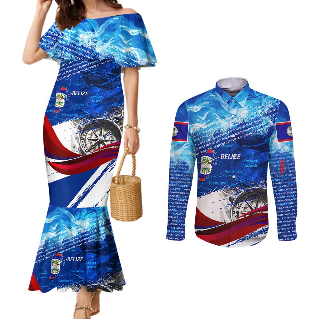 Belize One Flag One Heart Couples Matching Mermaid Dress and Long Sleeve Button Shirt Caribbean Heartbeat - Where Compass Meets Culture
