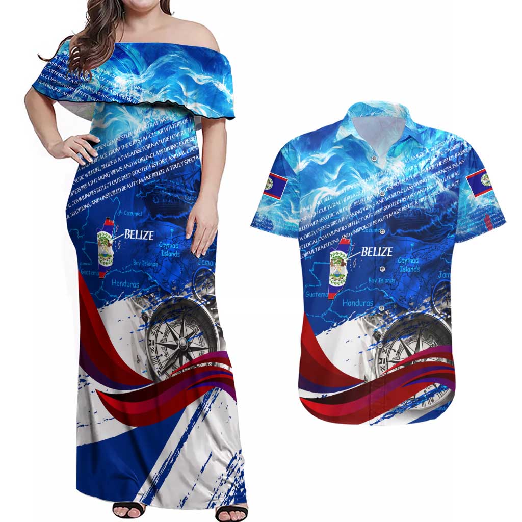 Belize One Flag One Heart Couples Matching Off Shoulder Maxi Dress and Hawaiian Shirt Caribbean Heartbeat - Where Compass Meets Culture