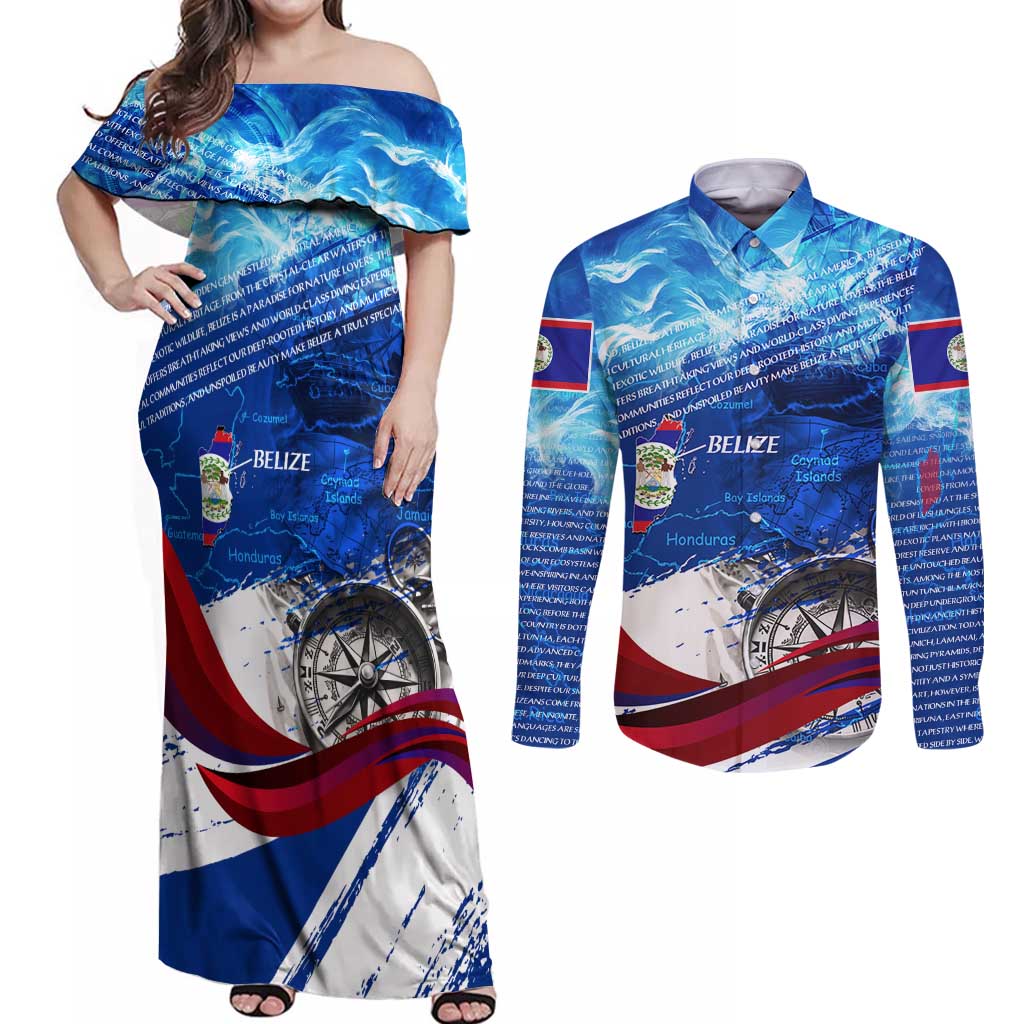 Belize One Flag One Heart Couples Matching Off Shoulder Maxi Dress and Long Sleeve Button Shirt Caribbean Heartbeat - Where Compass Meets Culture